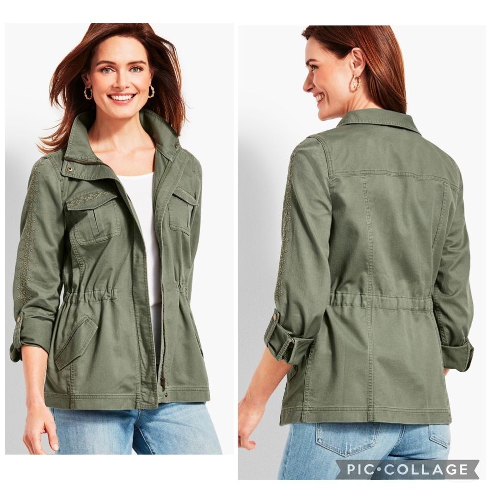 Talbots Women's Size XS Casual Embroidered Safari Cotton Army Green Jacket